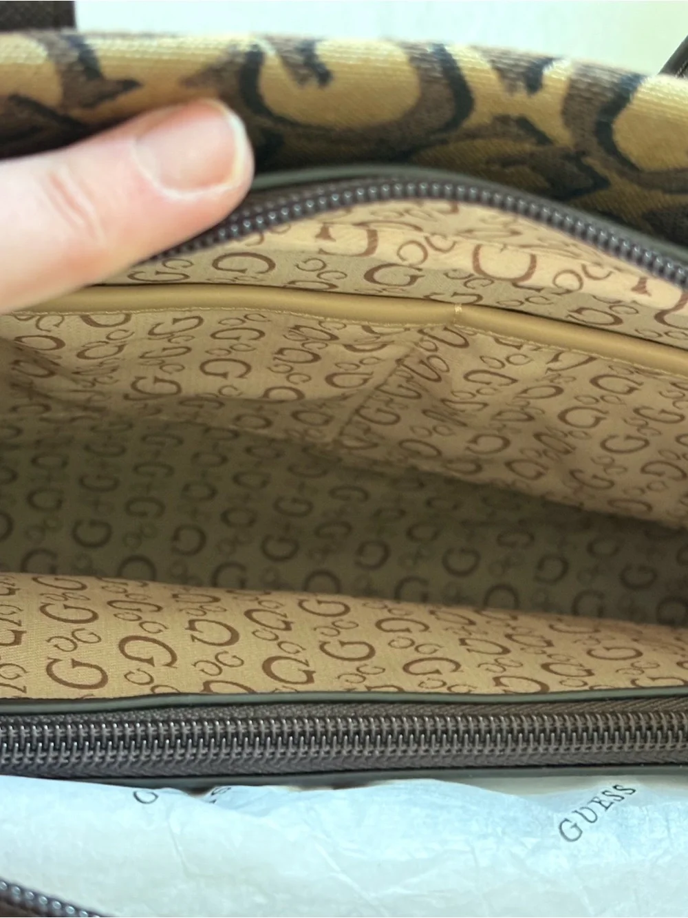GUESS Brown Logo Jacquard Tote with Dark Brown Trim